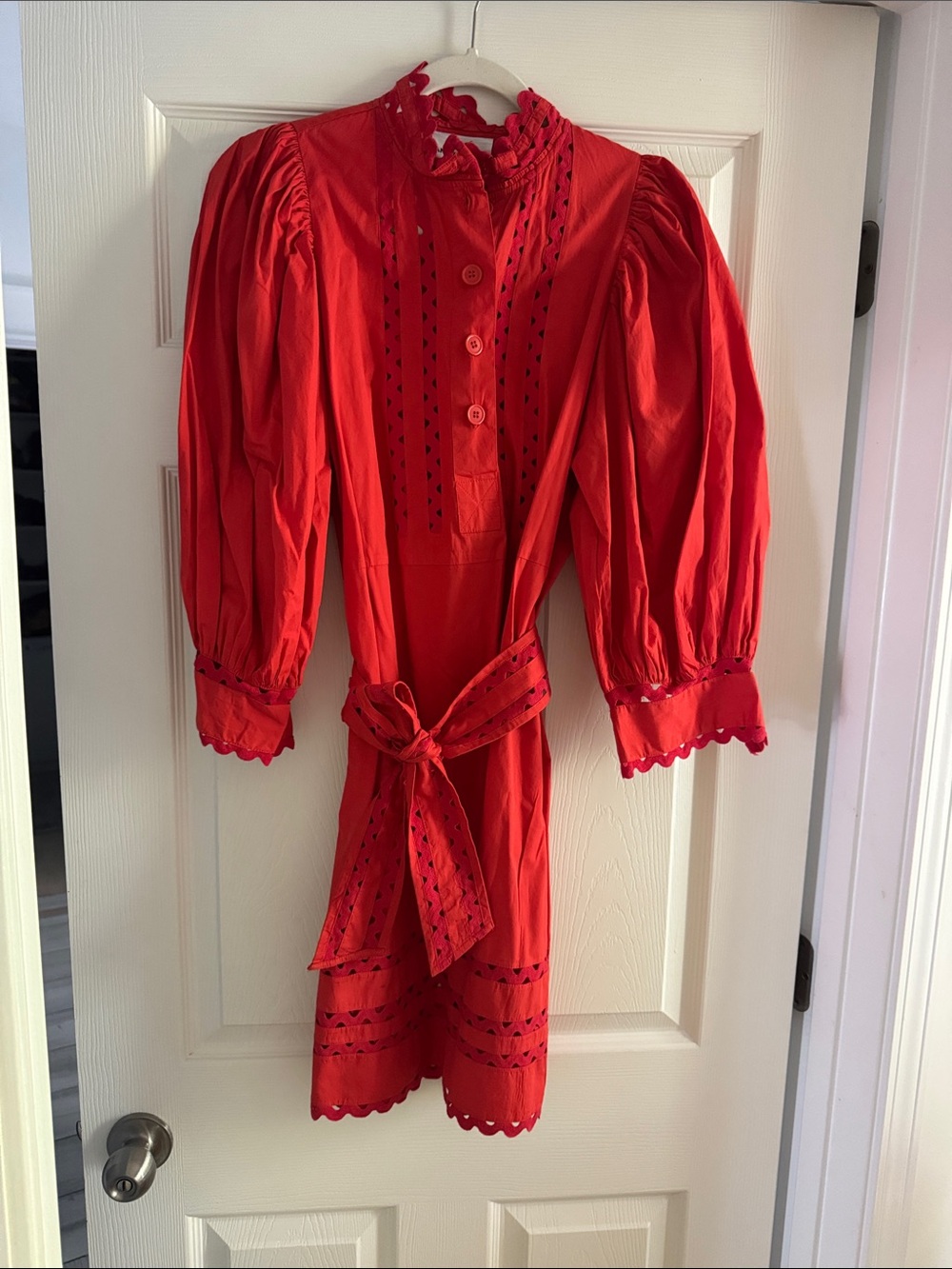 Antik Batik Red Eyelet Tie-Waist Puff Sleeve Dress